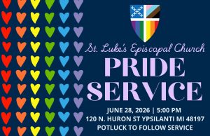 rainbow hearts with details of the Pride Service